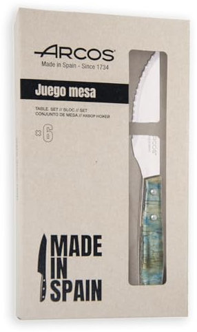 Arcos Série de couteaux de table - Jeu de couteaux à steak 6 pièces - Lame en acier inoxydable NITRUM de 110 mm - Tranchant scié - Manche en bois compressé - Couleur bleue
