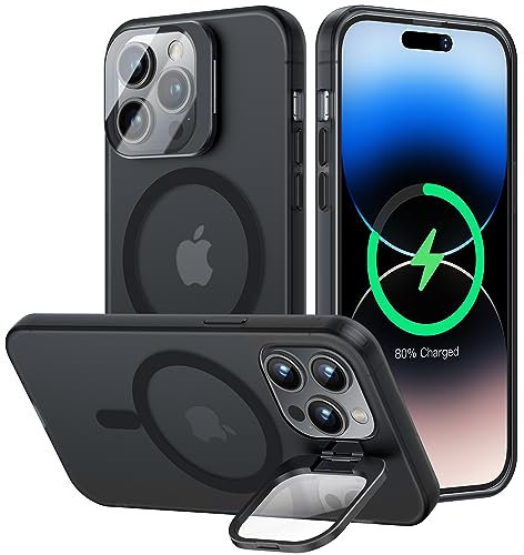 OLHAOMAO Cover MagSafe per iPhone 14 Pro,Magnetica Custodia con Cavalletto protezione fotocamera integrata,Traslucida Opaca Posteriore Sottile Antiurto Case, Nero