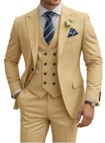 TIJOFA Costume 3 pièces pour homme, coupe ajustée, double boutonnage, costume de mariage classique à un bouton, formel, bal de fin d'année, smoking, champagne, Taille L