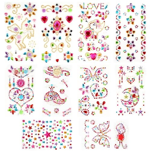 RISF Glitzersteine Selbstklebend, 10 Blätter Acryl Bunt Sticker Glitzer, Selbstklebende Glitzersteine, Glitzerstrasssteine für DIY Glitzer Sticker, Nageldekoration