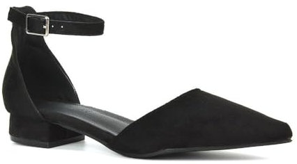 Women's Low Heel Point Toe Ankle Strap Court Shoes Ladies Black Faux Suede Wedding Dress Flat Pumps Size 5