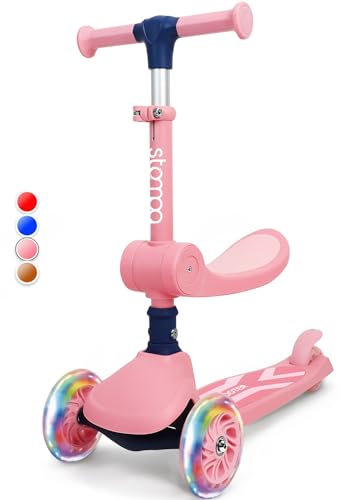 Stompa Roller Kinder 2 Jahre Scooter 2 in 1 Kinderroller ab 2 Jahre bis zu 50kg mit Klappbar Sitz &LED Räder, Höhenverstellbarer, Faltbar Tretroller Dreirad Roller für Kleinkinder Mädchen &Jungen Rosa
