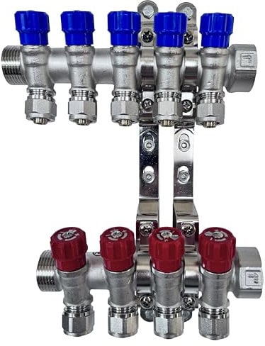 AQUA HEATING Wasserverteiler Set Verteiler Warmwasser Kaltwasser Trinkwasser Heizung Industrie Wasseranschluss Messing Vernickelt 1 Zoll 16x2 mm PEX 5 Wege Blau 4 Wege Rot