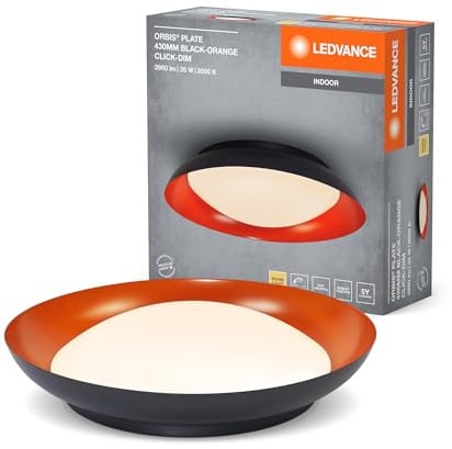 LEDVANCE Orbis Plate LED-Deckenleuchte, schwarz-orange, 35W, 1700lm, 3000K, 430mm, 830 freundliches Warmweiß, durch Kicken in 3-Stufen dimmbar, IP20 Schutz, Montageschrauben und Dübel inklusive