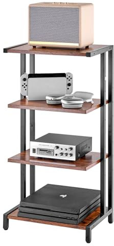VEVOR Meuble Audio Visuel 4 Niveaux, Étagère Multimédia en Bois, Support Multimédia avec LED, Hauteur Réglable, pour Lecteurs DVD/Décodeurs de Câbles/Consoles de Jeux, Salle d'Enregistrement, Marron
