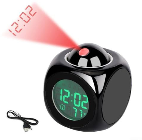 Réveil à projection compact et clair, horloge projecteur LED pour chambre à coucher, option d'alimentation USB (noir)