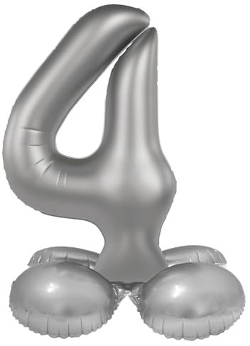 Folat 10594 Luftballon Silber Stehender Folienballon Zahl 4-Moonlight Silver-Satin Gloss-41 cm-Party Deko Ballon für Kinder Geburtstag Jubiläum, kein Helium erforderlich, 41 cm