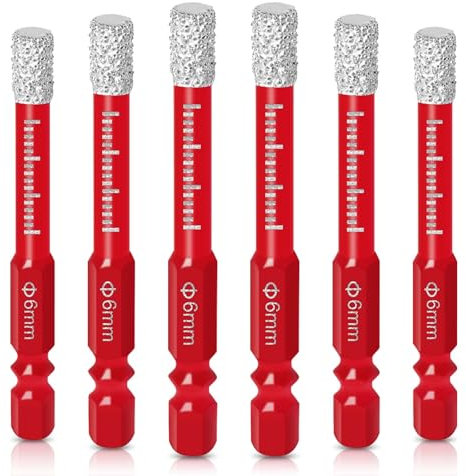 H8W8H 6Pcs Diamond Drill Bits, 6mm Porcelain Tile Drill Bit Hex Shank Diamond Dry Drill Bits Set for Drilling Granite, Ceramic, Marble, Tile Stone, Glass, Hard Materials