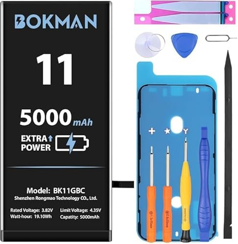bokman Batteria per iPhone 11, batteria agli ioni di litio ad alta capacità da 5000mAh, con strumenti di riparazione professionali