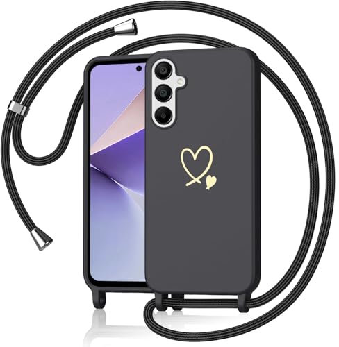 Yichu Coque pour Samsung Galaxy A56/A36 5G avec Cordon, Souple Silicone Liquide Housse avec Collier, Réglable Lanyard Case, Motif Coeur d'amour Antichoc Etui Protection Cover pour Samsung A56, Noir