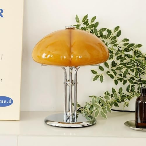 AoLa Pilz Tischlampe mit Kabel, Dimmbar LED Pilz Lampe mit Schalter und USB Stecker Tischleuchte Modern Mushroom Lamp mit Orange Glas Lampenschirm Nachttischlampe für Schlafzimmer Wohnzimmer Deko