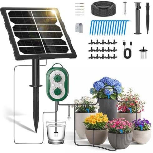 MIAJARD Kit di Irrigazione Solare Automatica Giardino con Controllore, Ricaricabile Irrigazione a Goccia Automatica 132 Modalità Kit Irrigazione Solare Orto per Giardini, Balconi, Piante in Vaso