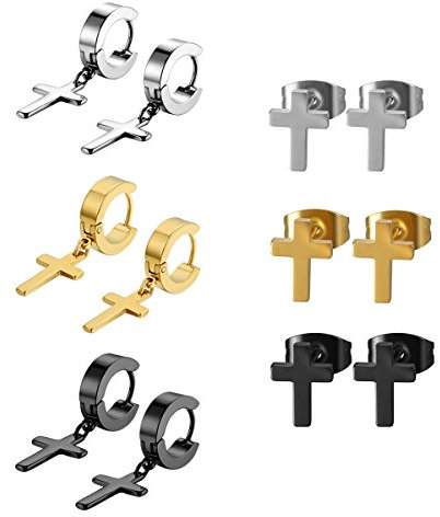 Ohrringe Kreuz Set Damen Herren: 3 Paar Herren Damen Edelstahl Kreuz Anhänger Ohrring Ohrstecker Schwarz Gold Silber