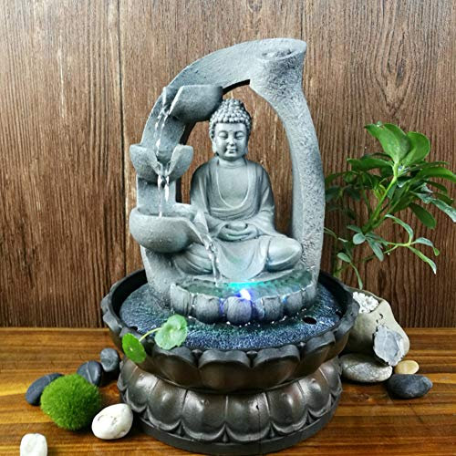 Fuente de Agua de Buda de Resina de luz LED Que Fluye Oficina en casa Escritorio Fengshui Decoración(220V, European Standard)