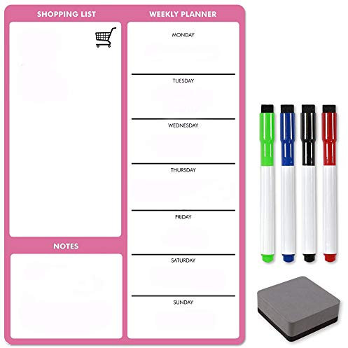 TMS A4 Magnetic Weekly Planner for Fridge | Dry Erase Memo Board, Pink Whiteboard | Dry Wipe Meal Planner, Calendar and Shopping List for Kitchen or Office | for Notes and Daily Reminders (Pink, A4)