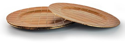 Rammento Set of 4 Gold Charger Plates - 33cm Plastic Dinner Plates with Antique Woven Design | Festive Charger Plates for Christmas Tableware, Parties & Special Occasions | Durable Gold Plates