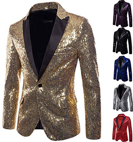 GZYshoyao Herren Pailletten Sakko Gold Glitzer Blazer Slim Fit Hochzeit Mantel Langarm Mantel Anzug Herrenjacke Performance-Kostüm für Hochzeit und Party Formelle Kleidung für Herren (Gold, L)