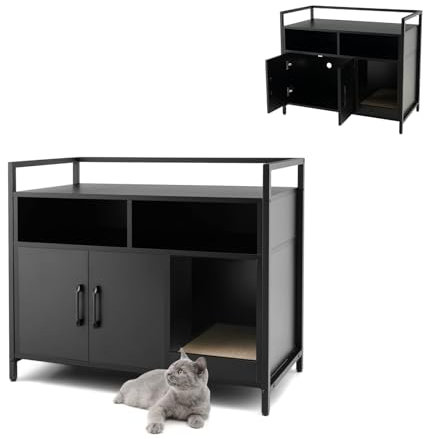 GYMAX Katzenschrank für Katzentoilette mit Kratzbrett Katzenklo Schrank 89 x 45 x 74,5 cm Katzenhaus mit offenen Regalen & Türen (Schwarz)