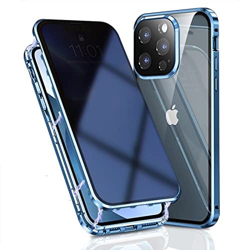 OMGZONE Privacy Case for iPhone 13 Pro Magnetic Cover,Screen Protector built-in Anti-peep Tempered Glass Full Cover with Camera Protector,360 Degree Metal Bumper Case for iPhone 13 Pro,Blue