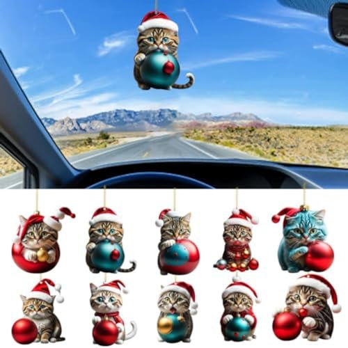RZXBB Katze Weihnachtsbaum Anhänger,Lustiger Christbaumschmuck Anhänger,2D Acryl Katze Anhänger,Weihnachtsschmuck Geschenk,Katze Auto Anhänger,christmas deko für Zuhause, Auto, Büro (10PCS)