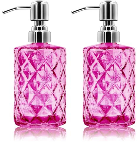 2 Pack 12 Oz Glass Soap Dispenser with Stainless Steel Pump, Refillable Liquid Hand Soap Dispenser for Bathroom, Vanity Countertop, Kitchen Sink, Laundry Room, Home Decor Accessories (fuchsia)