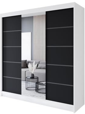 Easy4You R6 200 cm Weiß/Schwarz Schiebetüren Kleiderschrank 200x215x58 cm mit Spiegel - Schlafzimmermöbel, Aufbewahrung - Mehrzweckschrank