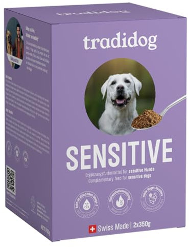 Tradidog Sensitive Futtertopping - Alternative zu Ulmenrinde für Hunde - Omega 3 Nahrungsergänzungsmittel Hund - für Magen Darmflora - gegen Durchfall, Kotfressen - 2x350g - 30 bis 60 Tage Vorrat