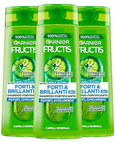 Garnier Fructis kräftiges und glänzendes 2-in-1-Shampoo für normales Haar mit Grapefruit-Extrakt, Vitamin B6, Niacinamid, kräftiges und glänzendes Haar, 3 Flaschen à 250 ml