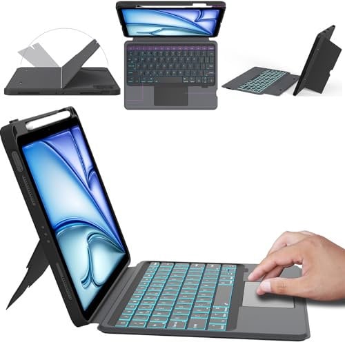 ROOFEI UK Layout Keyboard Case for iPad Air 6 11 inch (M2) 2024,iPad Air 5/4 10.9 inch,iPad Pro 11 inch 4/3/2/1 - Portrait/Landscape Stand, Detachable Touchpad Keyboard with 7 Color Backlight