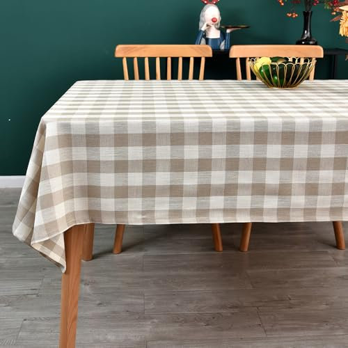 Yofori Gingham Tablecloth, Heavy Duty Cotton Blend Table Cloth for Rectangle Tables Checkered Tablecloth for Kitchen Dinning Tabletop Decoration (Beige, 135 x 180 cm)