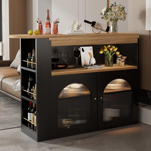 BXEYXE 138-193X39X105CM Moderner ausziehbarer Bartisch,Ausziehbarer Esstisch mit Stauraum, Stehtisch Bistrotisch, drehbar,für Esszimmer,Mit 1m langem LED Lichtstreifen,Schwarz