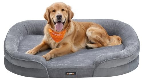 Feandrea Hundebett, Hundekissen, für große Hunde, 106 x 76 x 18 cm, orthopädisch, wasserdichte Innenschicht, erhöhte Ränder, Abnehmbarer, waschbarer Bezug, rutschfest, hellgrau PGW283G01