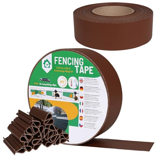 Cinta de valla, sombreado, cubierta de valla de panel UV I Tiras de Protección Visual de PVC I Valla de privacidad valla de jardín I 35m 450g/m2 + 20 clips de fijación (Marrón, 4,75 cm)