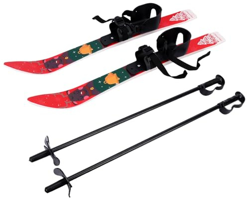 Kinder-Schneeski und Stöcke mit Bindungen, Kinder-Schneeskier-Set, niedrigresistent, leicht, Kleinkind, Ski, Downhill-Boards für Kinder, Snowboard mit weihnachtlichem Muster für Alter 2–4 Jahre, Rot