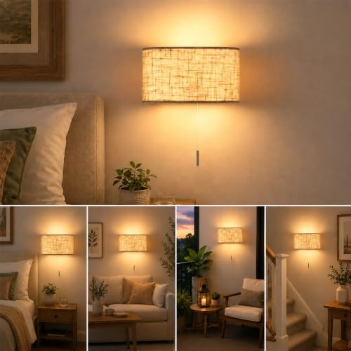 Kairui Lighting LED Wall Light with Pull Cord Switch Linen Bedside Lamp