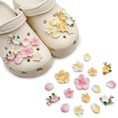 JYXNU 16 pcs Décorations de Chaussures de Bricolage, Fleur de Pêcher Bijoux de Chaussures, Fleur Breloques de Chaussures, Pins pour Crocs, Charmes De Chaussure, Décorations De Fête Cadeau, Rose+jaune