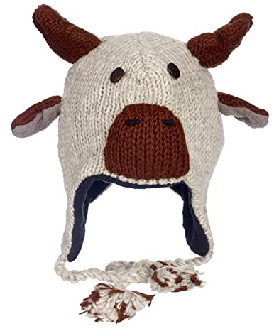 Hand Knitted Woolly Hat | Reindeer | Fun Wool Knit Fleece Lined Animal Hat for Men and Women | One Size Fits All | Wooly Winter Cap with Ear Warmers and Tassels Off-White