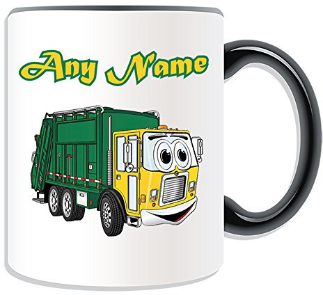 Personalised Gift - Smiley Garbage Truck Mug (Transport Design Theme, Colour Options) - Rubbish Dustcart Bin Trash Waste Scrap Recycle Lorry Van Refuse Collection Vehicle Wagon HGV Driver Rubbish Dusbin Refuse Waste Collection Recycle Recycling