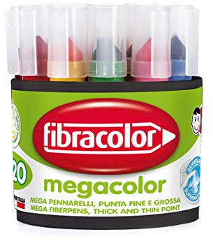 FIBRACOLOR Megacolor Marker 20 Stück, je 2 Stück je 10 Farben, Maxi-konische Spitze, Mega-Tintenfüller, super waschbar