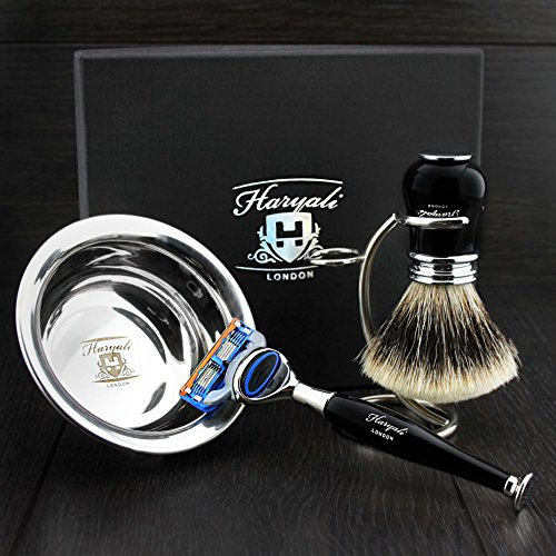 Juego de afeitado para hombre, color negro, con 5 filos, cepillo de pelo de tejón, soporte y cuenco de acero inoxidable, kit perfecto