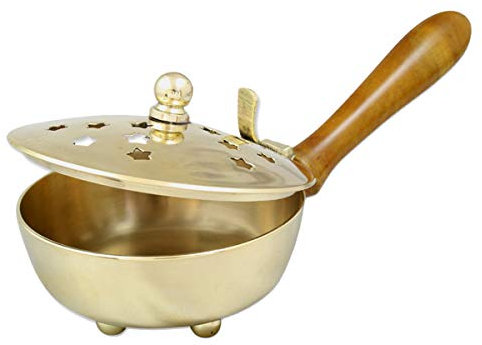 NKlaus Räucherpfanne mit Griff aus echtem Holz Messing Gold Ø 9cm für Weihrauch Räucherwerk Betriebsart Räucherkohle Weihrauchgefäß Handarbeit 2172