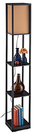 Relaxdays Stehlampe mit Regal, E27-Fassung, 3 Ablagen, modernes Design, Stehleuchte, HBT 159 x 26 x 26 cm, schwarz-braun