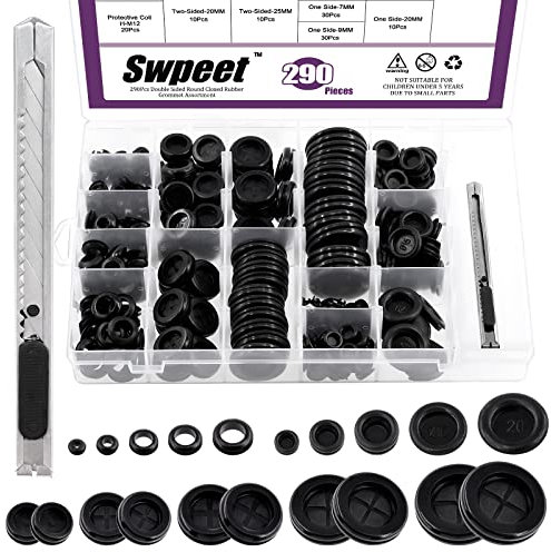 Swpeet 290Pcs 3 Types Closed/Double Sided/Eyelet Ring Gasket Rubber Grommet with Craft Knife Kit, Firewall Hole Plug Round Rubber Plug Hole Grommets Rubber Gasket for Auto Car Wire Cable