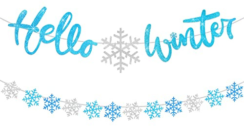 Amylove 2 Stück Hello Winter Banner 9,8 Fuß Winter Dekorationen Schneeflocke Girlande Banner Glitzer Weiß und Blau Party Dekorationen für Wunderland Babyparty