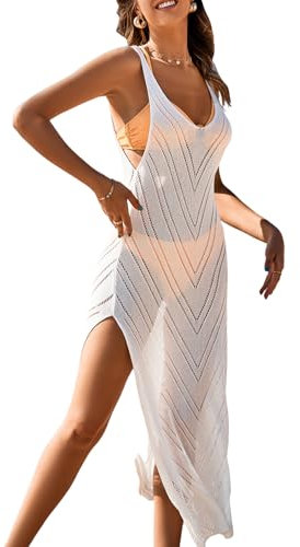 CUPSHE Cover Up für Damen Beachwear Rundhals Häkeln Ärmellos Maxi Länge Pull Over Lockere Taille,L
