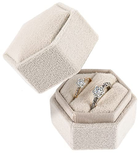 Lusofie Wedding Ring Box Velvet Ring Box with Detachable Lid 2 Slots Hexagon Premium Gorgeous Jewelry Engagement Rings Boxes for Ceremony(Beige)