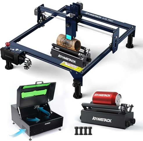 ATOMSTACK A10 Pro Laser Graviermaschine 50W mit B1 Schutzbox, R3 PRO Laser Rotary Roller, 10W Ausgangsleistung, Offline-Graviermaschine, DIY Lasergravur Schneidemaschine für Holz Metall zylindrischen