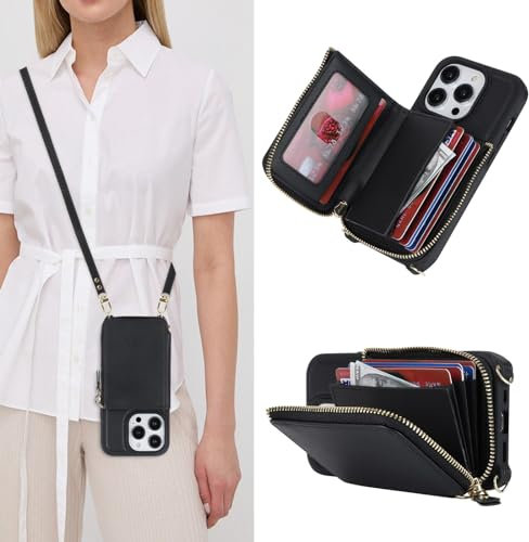 Zouzt for iPhone 14 Pro 6.1 Inch Case with Cord and Card Holder, PU Leather Zipper Wallet Case Crossbody Lanyard Strap with Adjustable Necklace and Wrist Strap Protective Phone Cover (Black)