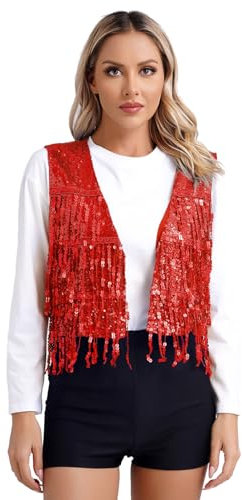 Agoky Damen Fransenweste Glänzend Pailletten Weste Open Front Gilet Modern Tanz Waistcoat Ärmellos Jacke Mantel Blazer Outerwear Rot S