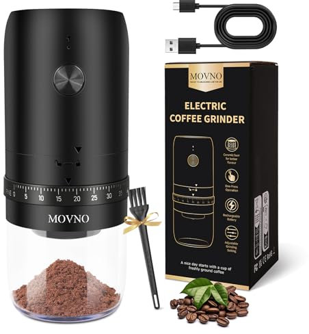 MOVNO Tragbarer elektrischer Kaffeemühle, kleiner kabelloser elektrische Kaffeemühle, 40 einstellbare Stufen, Gewürzmühle elektrisch, 1800mAh Kaffeebohnenmähler, Keramikmahlwerk, für Reisen, Camping